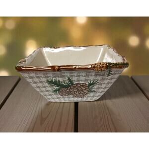 🎄St Nicholas Square Pinecone Christmas Bowl 🌲 Rustic Houndstooth Decor